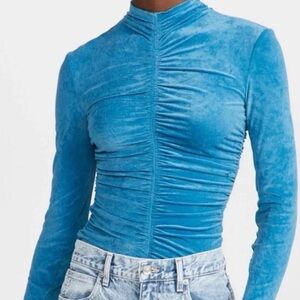 A.L.C. Blue Ruched Long Sleeve Velvet Top